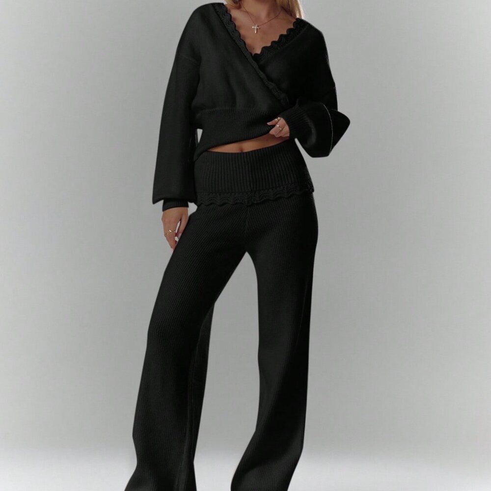 Black Casual Women's Wide Leg Rib Knit Trousers With Crochet Detail